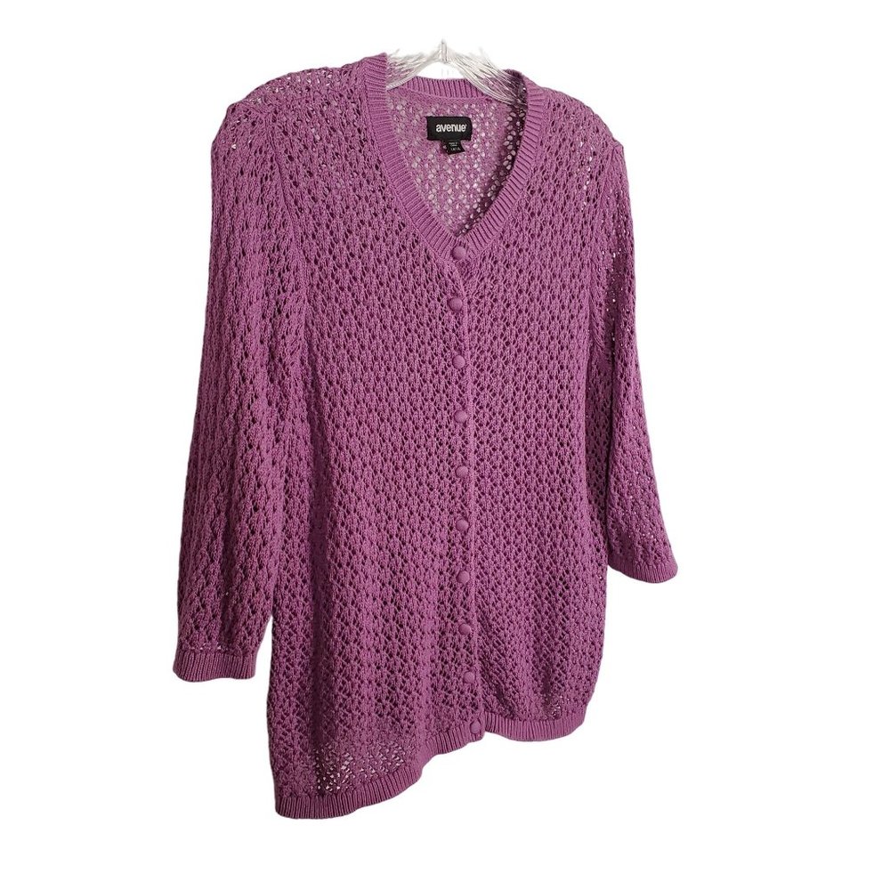 Avenue Size 14 16 Cardigan Open Knit Sweater Layering Purple Cotton 3/4 Sleeve